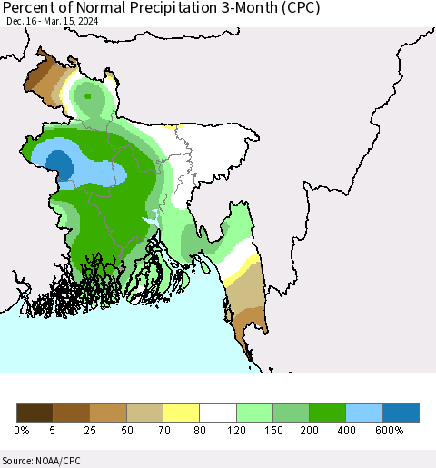 Bangladesh Percent of Normal Precipitation 3-Month (CPC) Thematic Map For 12/16/2023 - 3/15/2024