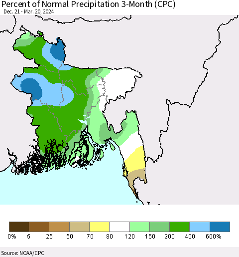 Bangladesh Percent of Normal Precipitation 3-Month (CPC) Thematic Map For 12/21/2023 - 3/20/2024