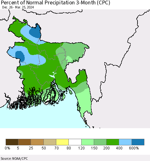 Bangladesh Percent of Normal Precipitation 3-Month (CPC) Thematic Map For 12/26/2023 - 3/25/2024