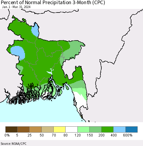 Bangladesh Percent of Normal Precipitation 3-Month (CPC) Thematic Map For 1/1/2024 - 3/31/2024