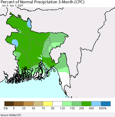 Bangladesh Percent of Normal Precipitation 3-Month (CPC) Thematic Map For 1/6/2024 - 4/5/2024