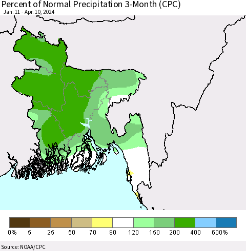 Bangladesh Percent of Normal Precipitation 3-Month (CPC) Thematic Map For 1/11/2024 - 4/10/2024