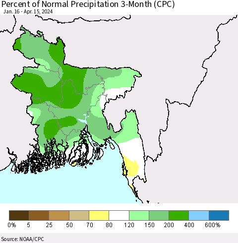 Bangladesh Percent of Normal Precipitation 3-Month (CPC) Thematic Map For 1/16/2024 - 4/15/2024