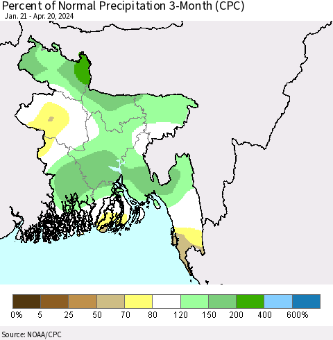 Bangladesh Percent of Normal Precipitation 3-Month (CPC) Thematic Map For 1/21/2024 - 4/20/2024