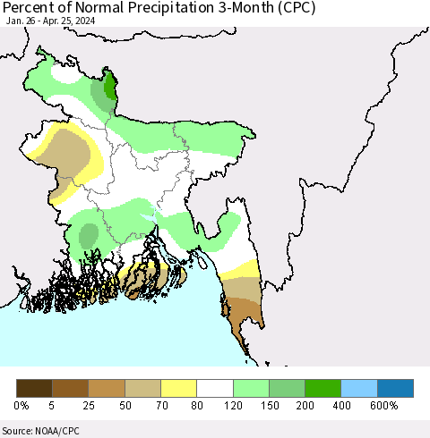 Bangladesh Percent of Normal Precipitation 3-Month (CPC) Thematic Map For 1/26/2024 - 4/25/2024