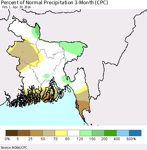 Bangladesh Percent of Normal Precipitation 3-Month (CPC) Thematic Map For 2/1/2024 - 4/30/2024