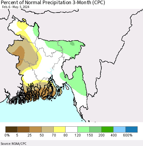 Bangladesh Percent of Normal Precipitation 3-Month (CPC) Thematic Map For 2/6/2024 - 5/5/2024
