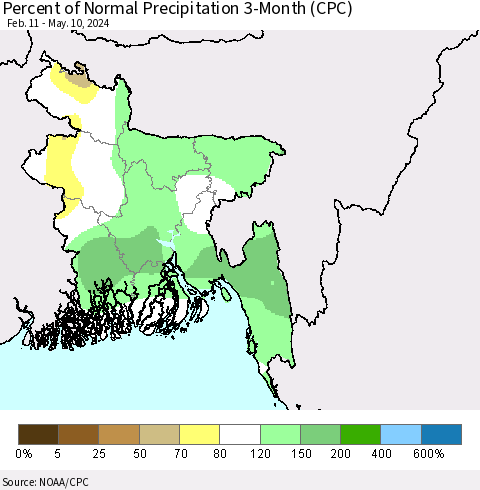 Bangladesh Percent of Normal Precipitation 3-Month (CPC) Thematic Map For 2/11/2024 - 5/10/2024