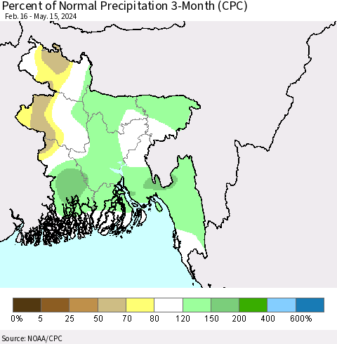 Bangladesh Percent of Normal Precipitation 3-Month (CPC) Thematic Map For 2/16/2024 - 5/15/2024