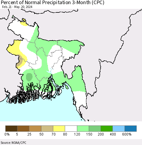 Bangladesh Percent of Normal Precipitation 3-Month (CPC) Thematic Map For 2/21/2024 - 5/20/2024