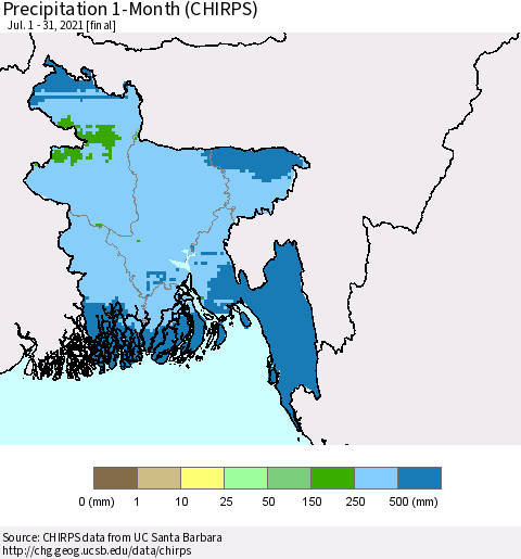 Bangladesh Precipitation 1-Month (CHIRPS) Thematic Map For 7/1/2021 - 7/31/2021
