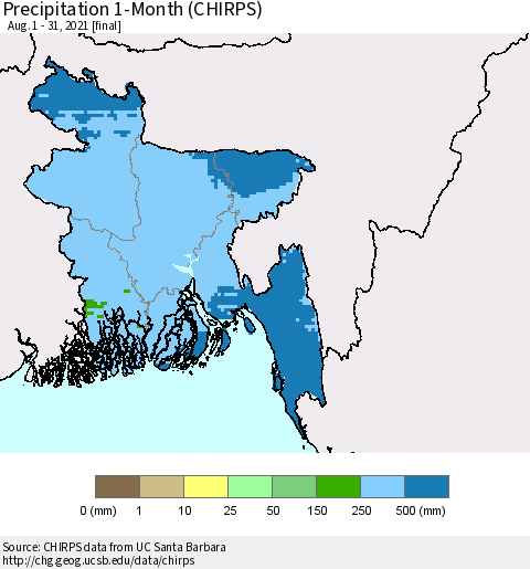 Bangladesh Precipitation 1-Month (CHIRPS) Thematic Map For 8/1/2021 - 8/31/2021