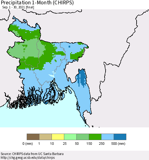 Bangladesh Precipitation 1-Month (CHIRPS) Thematic Map For 9/1/2021 - 9/30/2021
