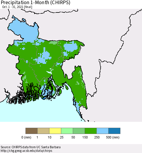 Bangladesh Precipitation 1-Month (CHIRPS) Thematic Map For 10/1/2021 - 10/31/2021