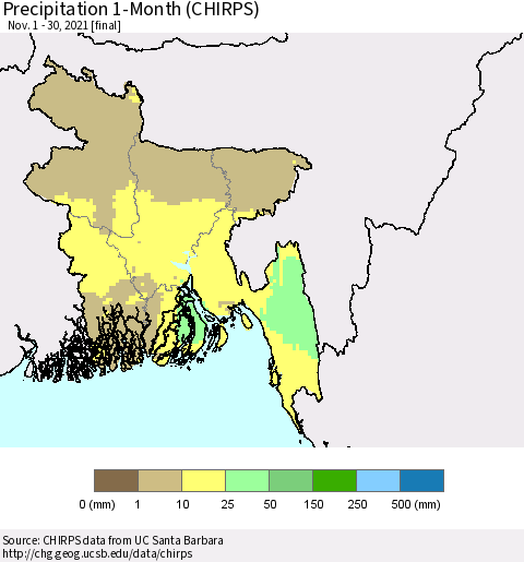 Bangladesh Precipitation 1-Month (CHIRPS) Thematic Map For 11/1/2021 - 11/30/2021