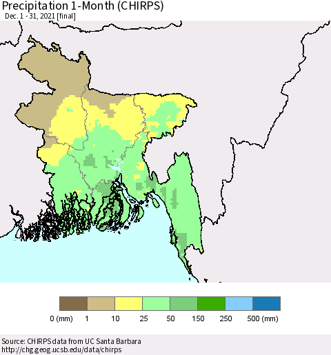 Bangladesh Precipitation 1-Month (CHIRPS) Thematic Map For 12/1/2021 - 12/31/2021