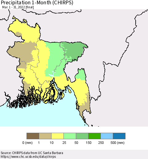 Bangladesh Precipitation 1-Month (CHIRPS) Thematic Map For 3/1/2022 - 3/31/2022