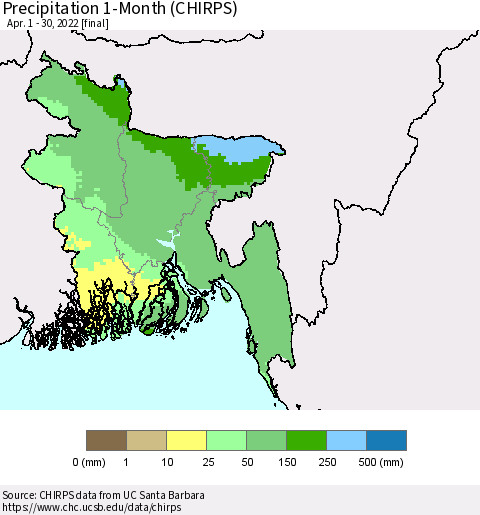 Bangladesh Precipitation 1-Month (CHIRPS) Thematic Map For 4/1/2022 - 4/30/2022