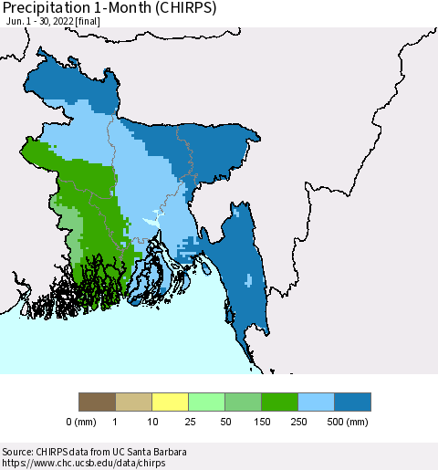 Bangladesh Precipitation 1-Month (CHIRPS) Thematic Map For 6/1/2022 - 6/30/2022