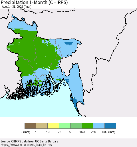 Bangladesh Precipitation 1-Month (CHIRPS) Thematic Map For 8/1/2022 - 8/31/2022