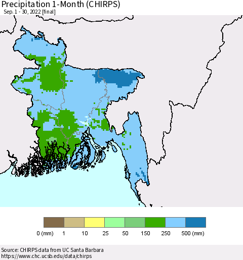 Bangladesh Precipitation 1-Month (CHIRPS) Thematic Map For 9/1/2022 - 9/30/2022