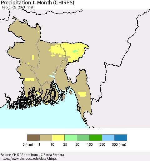 Bangladesh Precipitation 1-Month (CHIRPS) Thematic Map For 2/1/2023 - 2/28/2023