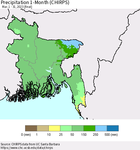Bangladesh Precipitation 1-Month (CHIRPS) Thematic Map For 3/1/2023 - 3/31/2023