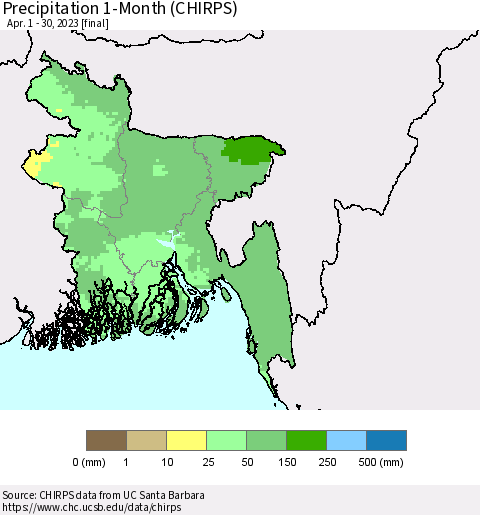 Bangladesh Precipitation 1-Month (CHIRPS) Thematic Map For 4/1/2023 - 4/30/2023