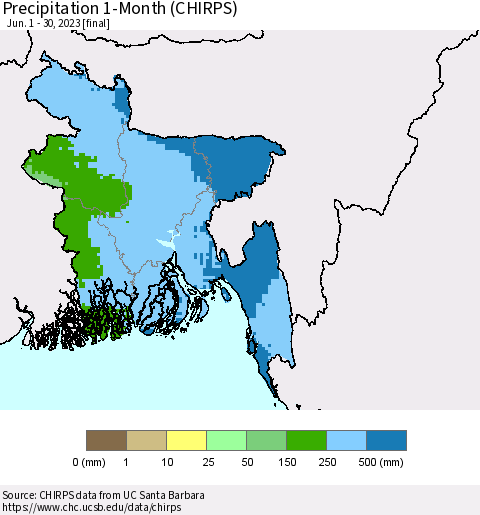 Bangladesh Precipitation 1-Month (CHIRPS) Thematic Map For 6/1/2023 - 6/30/2023
