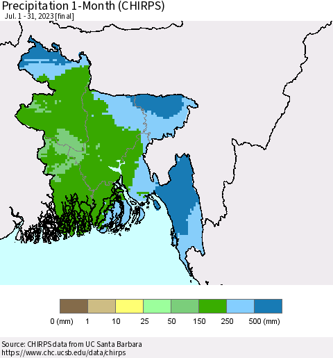 Bangladesh Precipitation 1-Month (CHIRPS) Thematic Map For 7/1/2023 - 7/31/2023