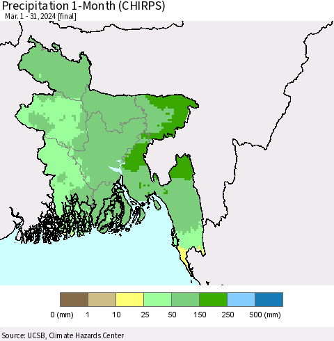 Bangladesh Precipitation 1-Month (CHIRPS) Thematic Map For 3/1/2024 - 3/31/2024