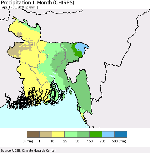 Bangladesh Precipitation 1-Month (CHIRPS) Thematic Map For 4/1/2024 - 4/30/2024