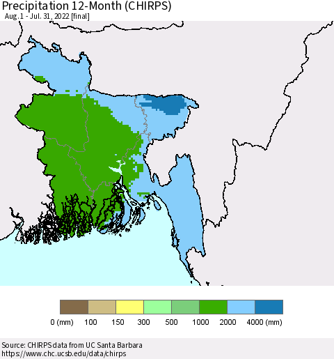 Bangladesh Precipitation 12-Month (CHIRPS) Thematic Map For 8/1/2021 - 7/31/2022