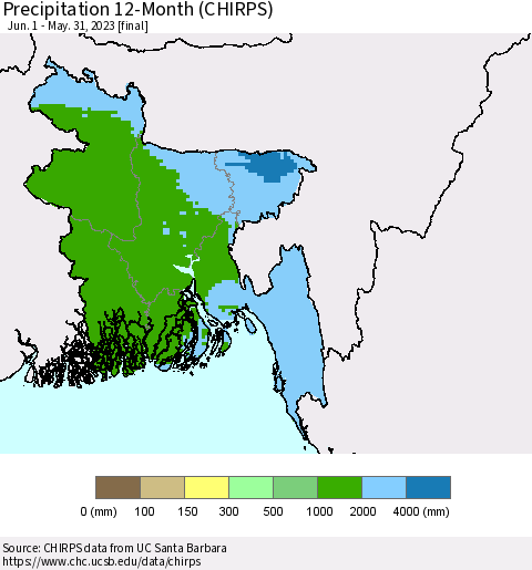 Bangladesh Precipitation 12-Month (CHIRPS) Thematic Map For 6/1/2022 - 5/31/2023