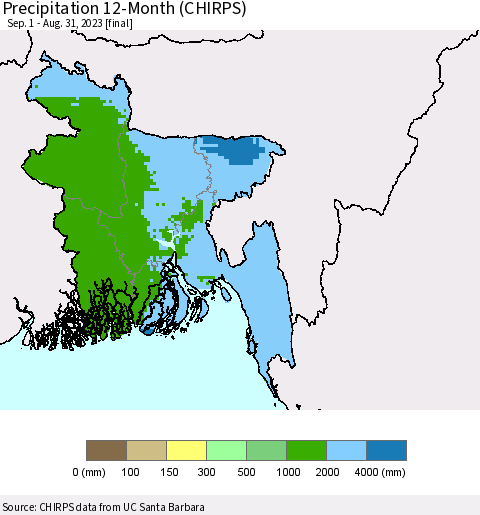 Bangladesh Precipitation 12-Month (CHIRPS) Thematic Map For 9/1/2022 - 8/31/2023