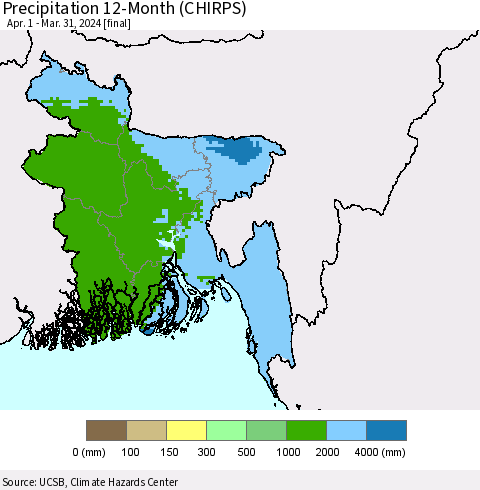 Bangladesh Precipitation 12-Month (CHIRPS) Thematic Map For 4/1/2023 - 3/31/2024