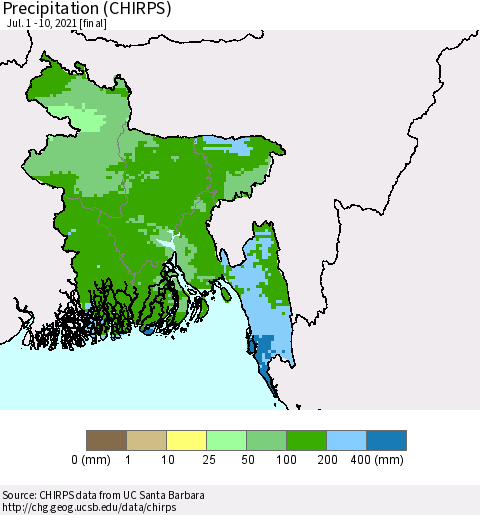 Bangladesh Precipitation (CHIRPS) Thematic Map For 7/1/2021 - 7/10/2021