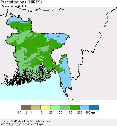 Bangladesh Precipitation (CHIRPS) Thematic Map For 7/11/2021 - 7/20/2021