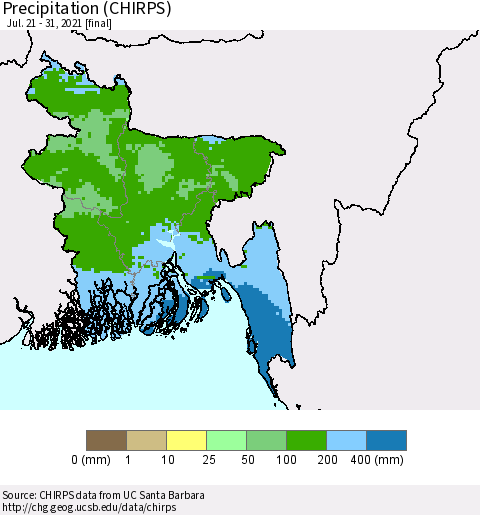 Bangladesh Precipitation (CHIRPS) Thematic Map For 7/21/2021 - 7/31/2021