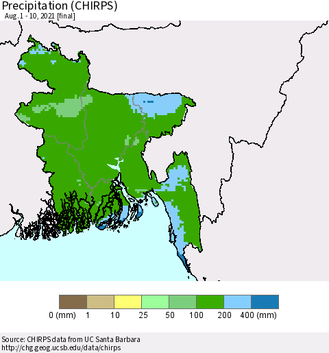 Bangladesh Precipitation (CHIRPS) Thematic Map For 8/1/2021 - 8/10/2021
