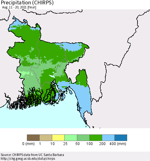 Bangladesh Precipitation (CHIRPS) Thematic Map For 8/11/2021 - 8/20/2021