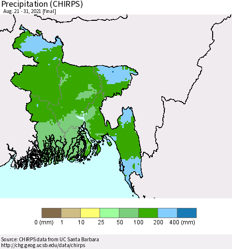 Bangladesh Precipitation (CHIRPS) Thematic Map For 8/21/2021 - 8/31/2021