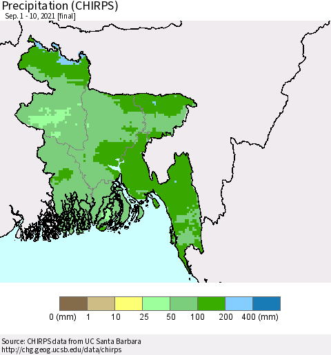 Bangladesh Precipitation (CHIRPS) Thematic Map For 9/1/2021 - 9/10/2021
