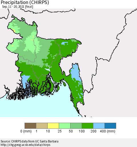 Bangladesh Precipitation (CHIRPS) Thematic Map For 9/11/2021 - 9/20/2021