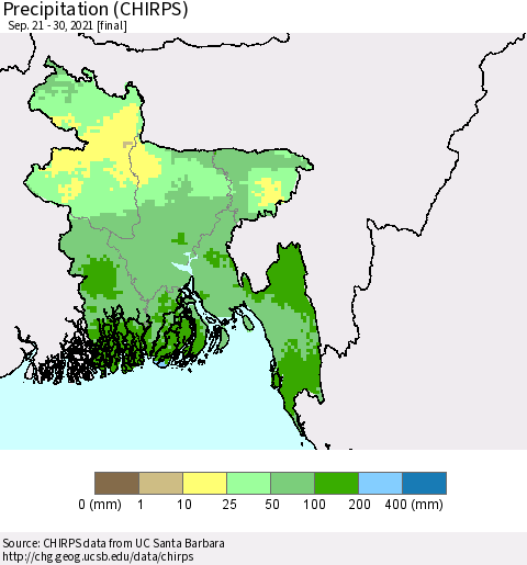 Bangladesh Precipitation (CHIRPS) Thematic Map For 9/21/2021 - 9/30/2021