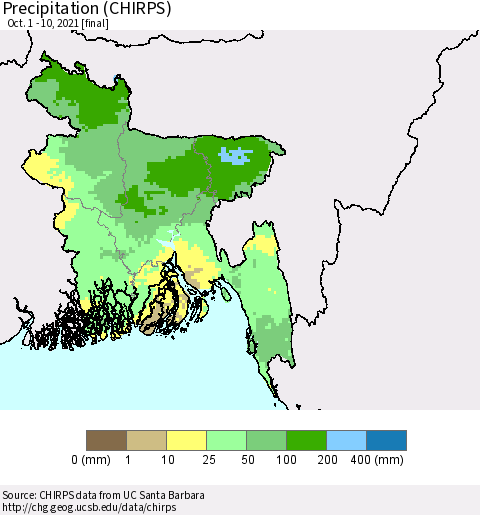 Bangladesh Precipitation (CHIRPS) Thematic Map For 10/1/2021 - 10/10/2021