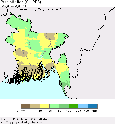 Bangladesh Precipitation (CHIRPS) Thematic Map For 10/21/2021 - 10/31/2021