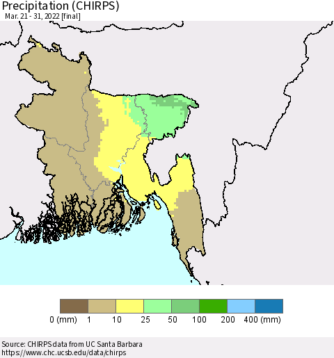 Bangladesh Precipitation (CHIRPS) Thematic Map For 3/21/2022 - 3/31/2022