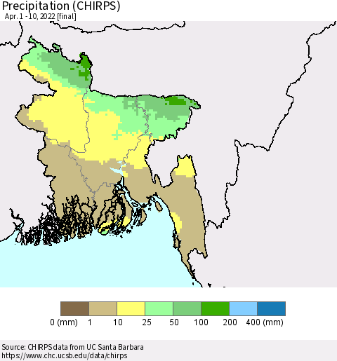 Bangladesh Precipitation (CHIRPS) Thematic Map For 4/1/2022 - 4/10/2022