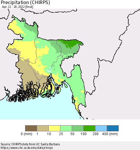 Bangladesh Precipitation (CHIRPS) Thematic Map For 4/11/2022 - 4/20/2022